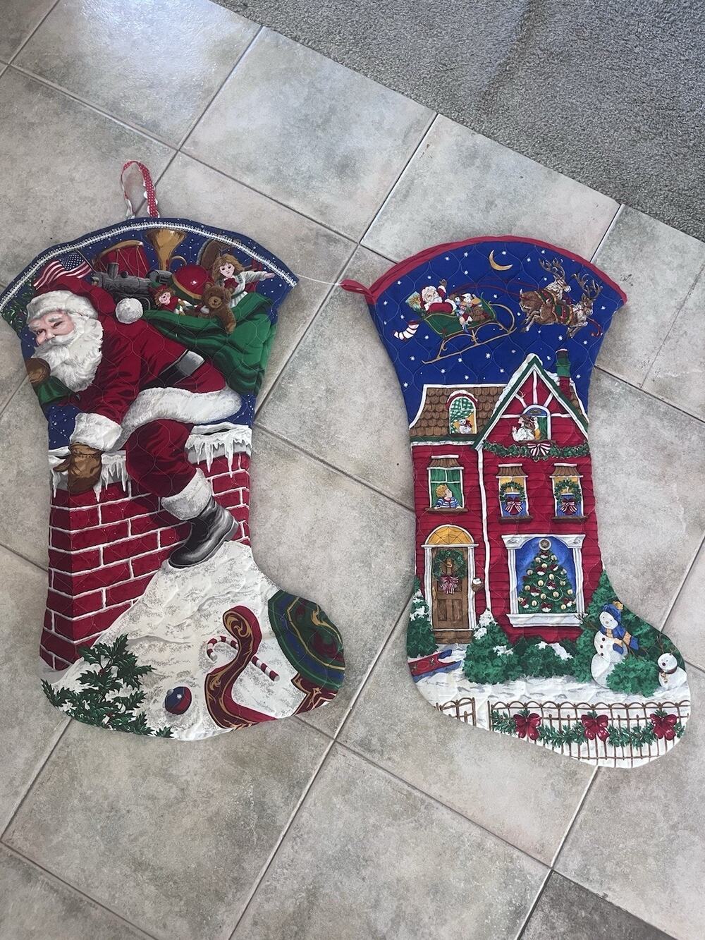 Vtg Jumbo Down Chimney Fabric Christmas Stocking Set 2 Cranston Complete Quilted